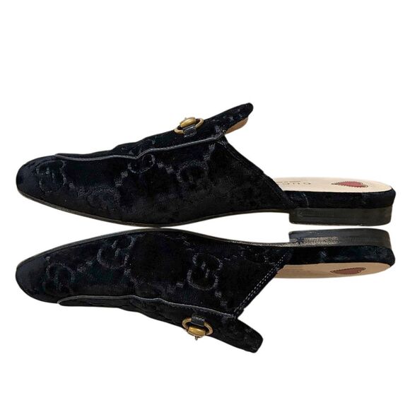 Gucci Princetown Velvet Horsebit Mules Black GG Logo Loafers EU 37 US 7 Monogram - Picture 4 of 11